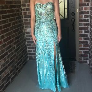 Jovani designer turquoise prom dress